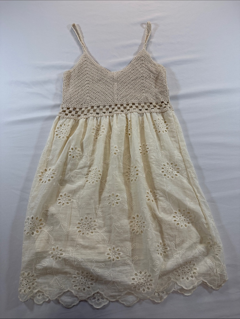 NYDJ Cream Crochet Bodice Eyelet Mini Dress Size M